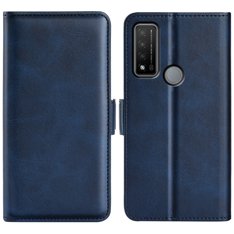Dark blue leather flip phone case with magnetic buckle and camera cutout