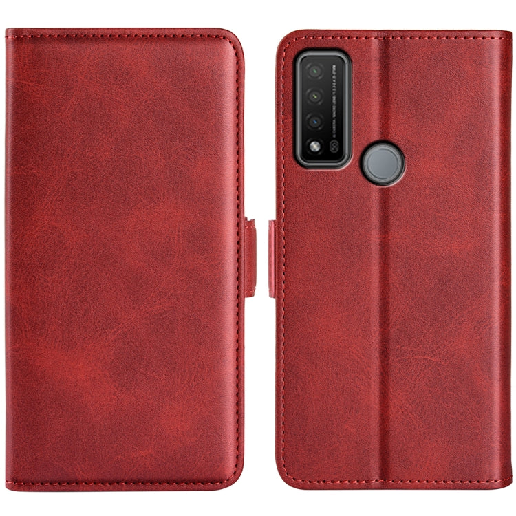 Red leather flip phone case with magnetic buckle and camera cutout
