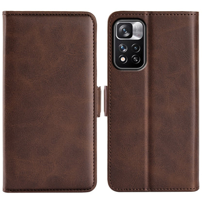 Brown leather wallet flip phone case with magnetic clasp, card slots and camera cutout