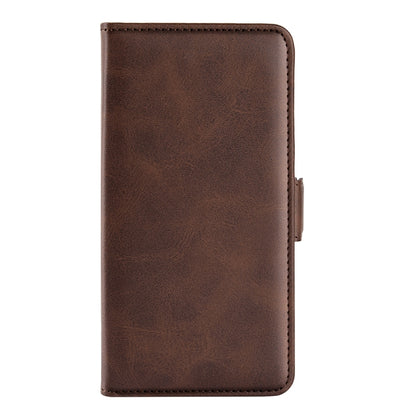 Brown leather flip phone case with magnetic side closure and stitched wallet edge