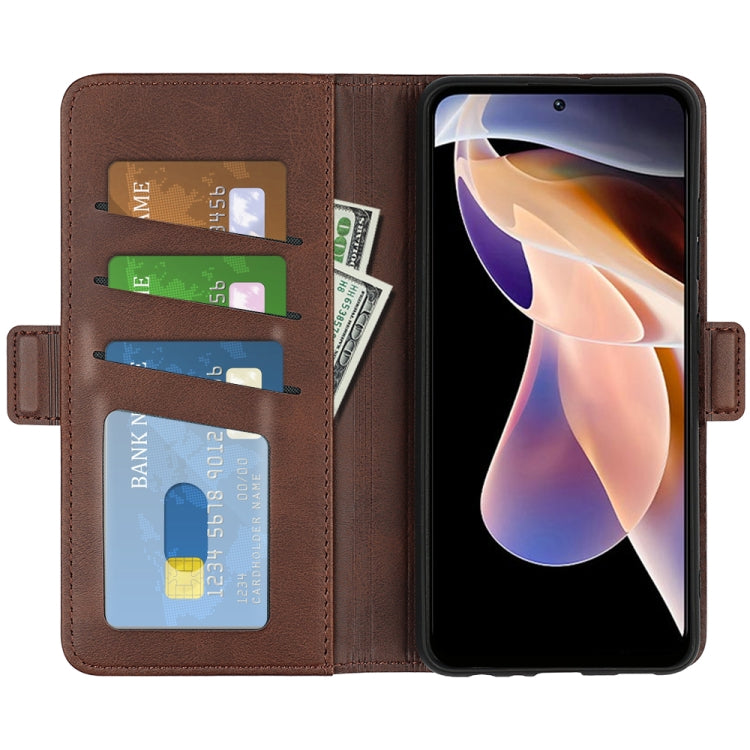 Brown leather phone wallet flip case with card slots and stand holder, phone inside