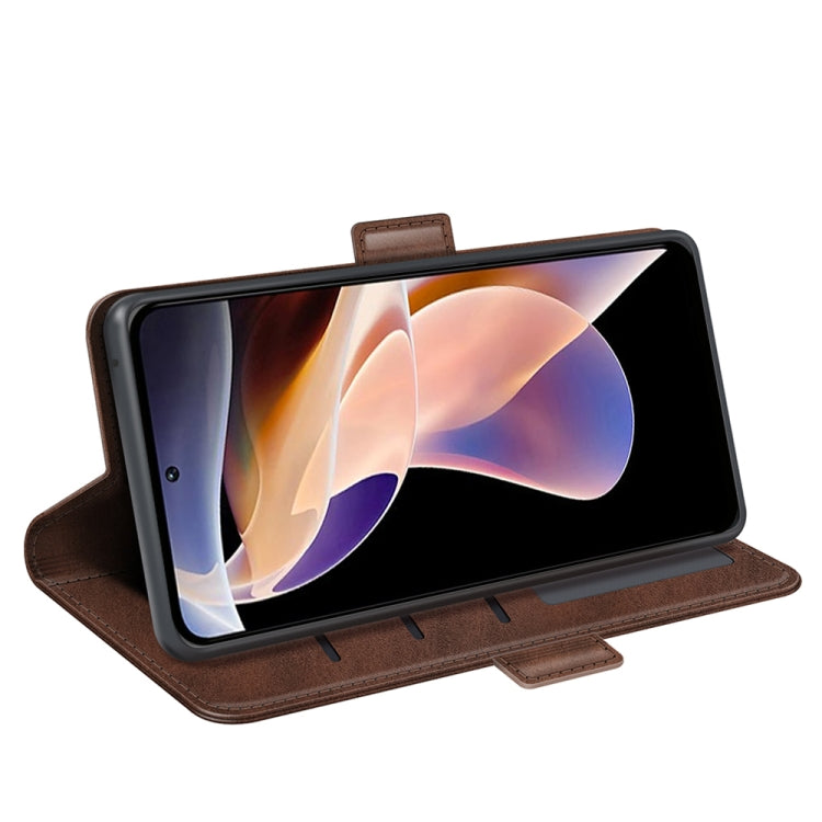 Brown leather flip phone case with stand support and phone display in landscape