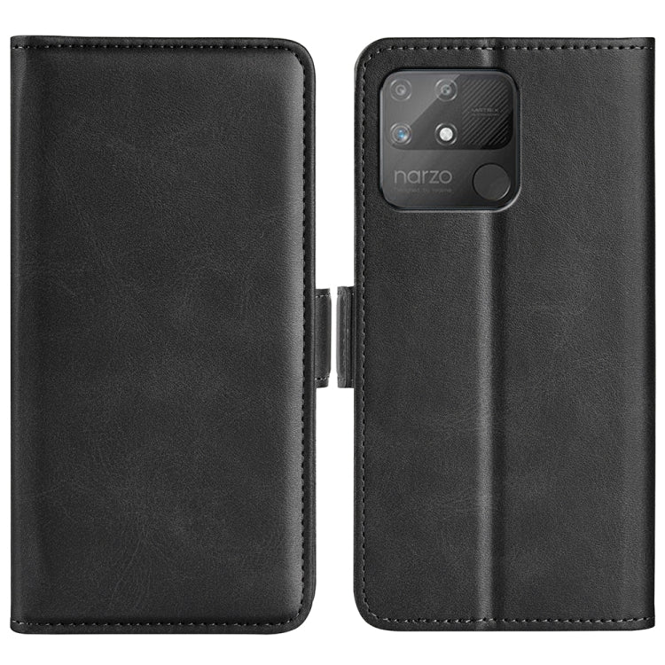 Black flip leather phone case with magnetic buckle, card slots, and wallet holder