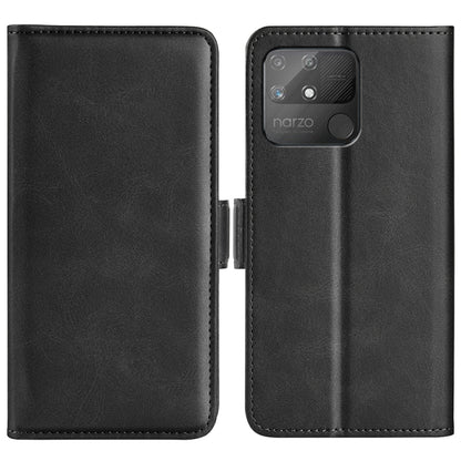 Black flip leather phone case with magnetic buckle, card slots, and wallet holder
