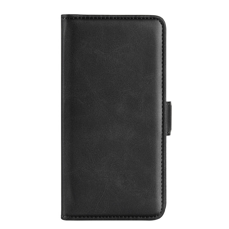 Black folio-style flip phone case in leather with stitched edges and magnetic closure