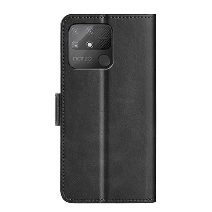 Black leather flip phone case with camera cutout and magnetic side buckle