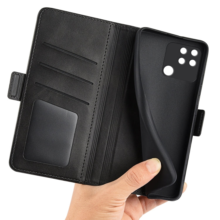 Black leather wallet flip phone case with card slot pockets and magnetic side strap