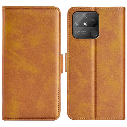 Brown leather flip phone case with magnetic buckle, card slots, and wallet holder