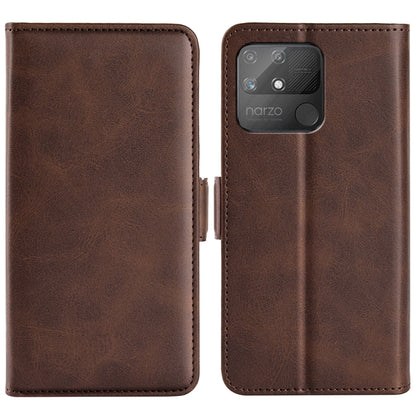 Dark brown leather flip phone case with magnetic buckle and stitched card compartment