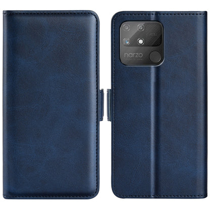 Dark blue leather flip phone case with magnetic buckle, card slots, and wallet holder