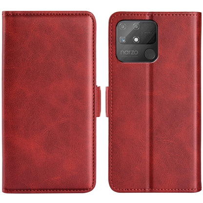 Red leather flip phone case with magnetic buckle, card slots, and wallet holder