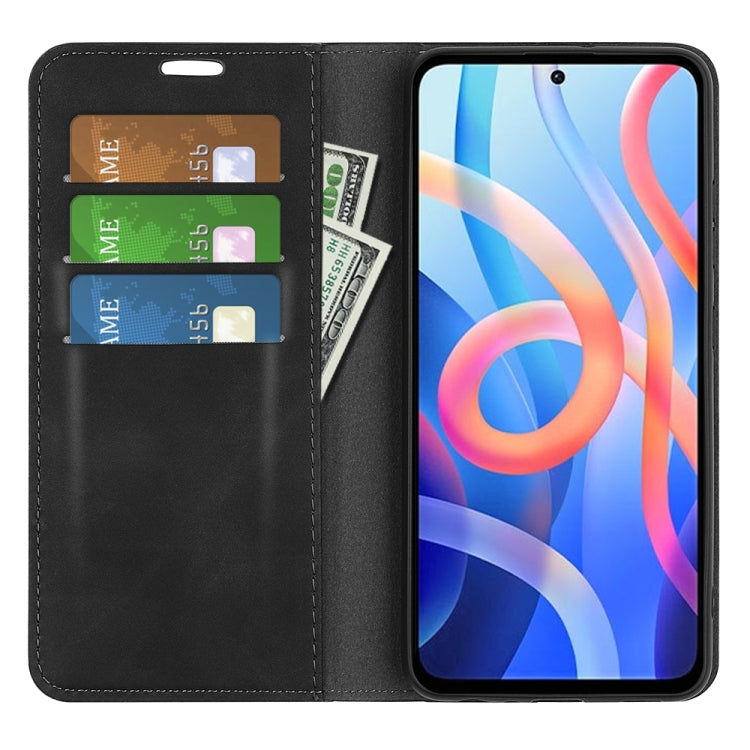 Black leather wallet phone case with card slots and kickstand view