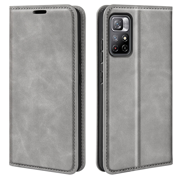 Grey leather wallet-style phone case with front cover and camera cutout