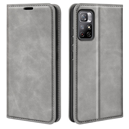 Grey leather wallet-style phone case with front cover and camera cutout