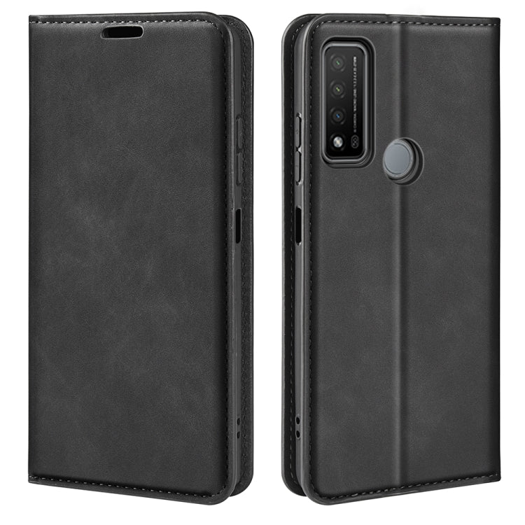 Black leather-style phone wallet case with flip cover and camera cutout