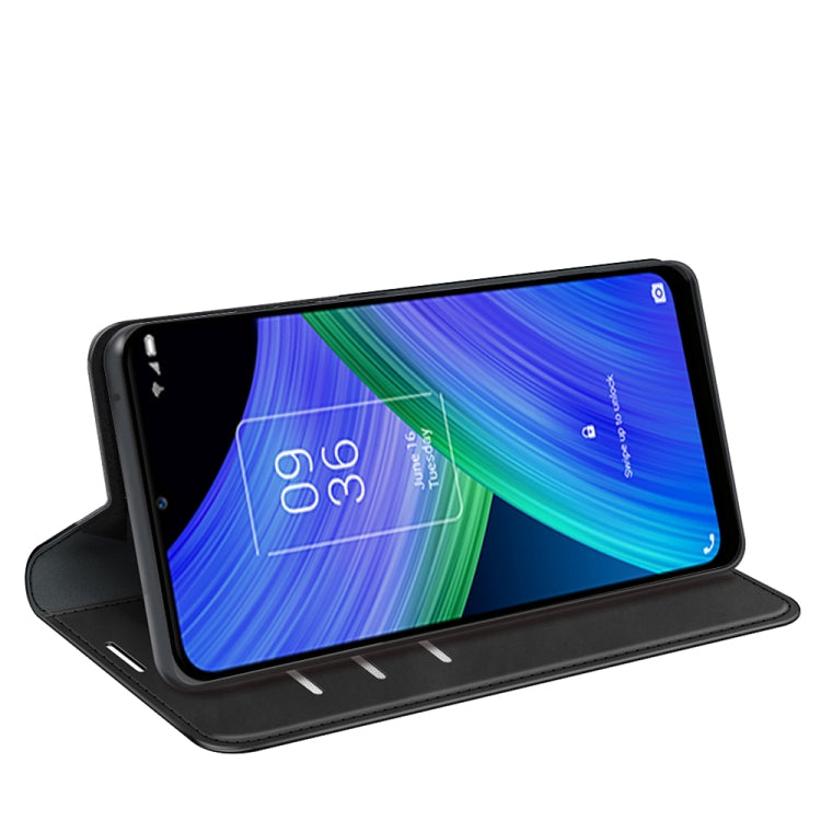 Black leather-style phone wallet stand with hinged flip for viewing