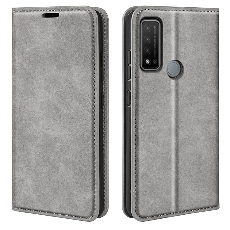 Grey leather-style phone wallet case with flip cover, camera cutout, and round holder