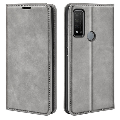 Grey leather-style phone wallet case with flip cover, camera cutout, and round holder