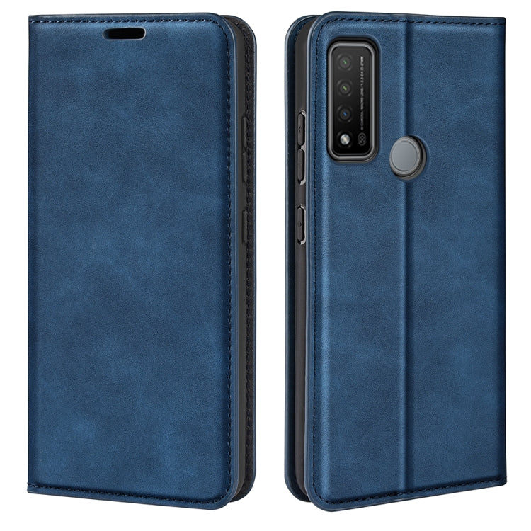 Dark blue leather-style phone wallet case with flip cover, camera cutout, and round holder