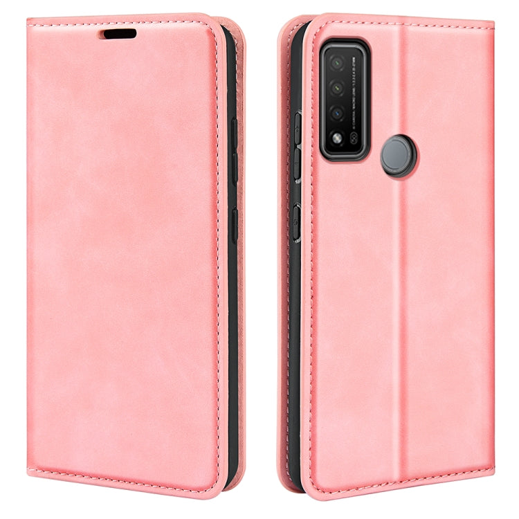 Pink leather-style phone wallet case with flip cover, camera cutout, and round holder