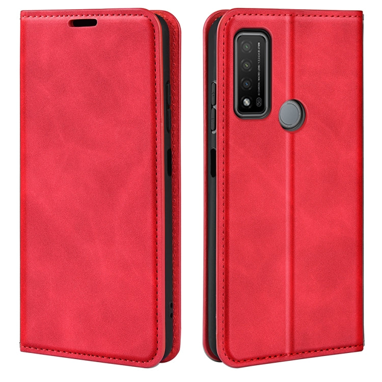 Red leather-style phone wallet case with flip cover, camera cutout, and round holder