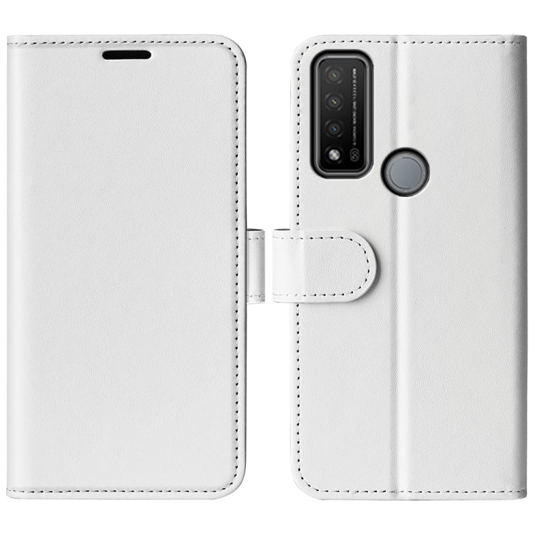 White leather-texture flip phone case with card pocket and camera cutout