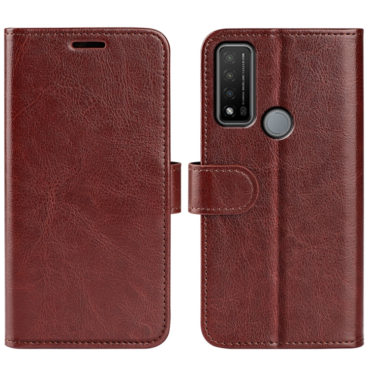 Brown leather-texture flip phone case with card pocket and camera cutout