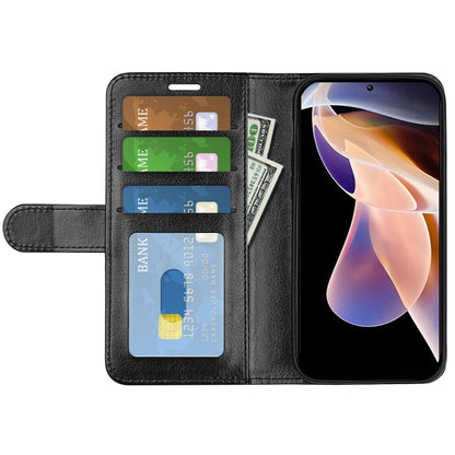 Black flip wallet phone case with card slots and inner stand, screen facing forward.