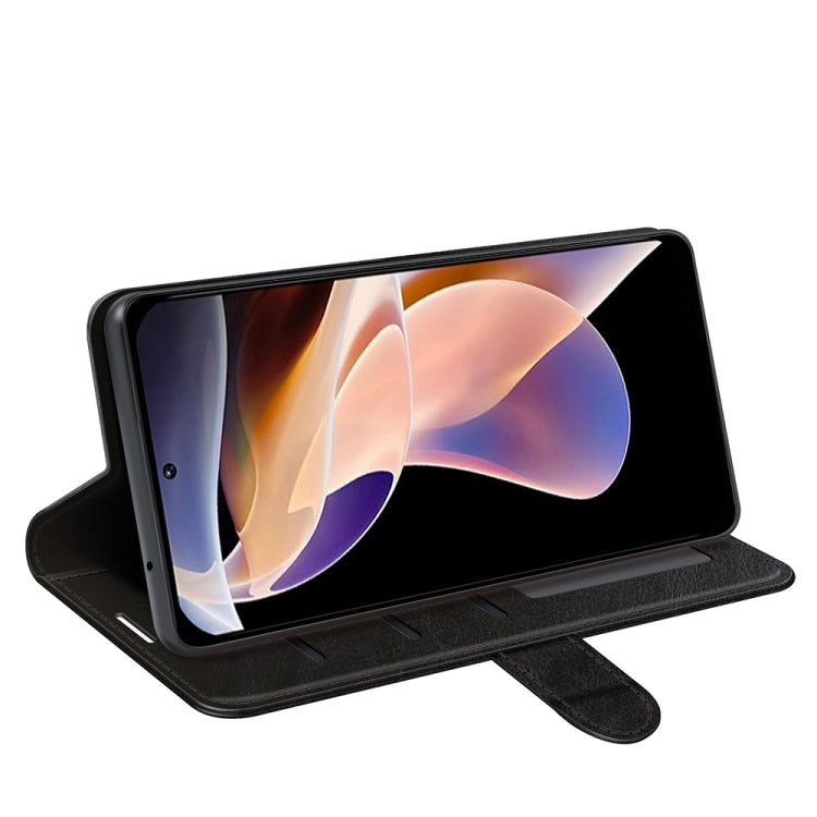 Black textured flip wallet case with kickstand viewing angle for Xiaomi Redmi Note 11 Pro.