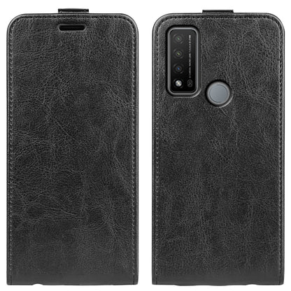 Black leather vertical flip phone case with camera cutout and circular grip on back