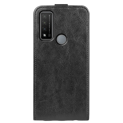 Black leather vertical flip case with camera cutout and circular grip on back