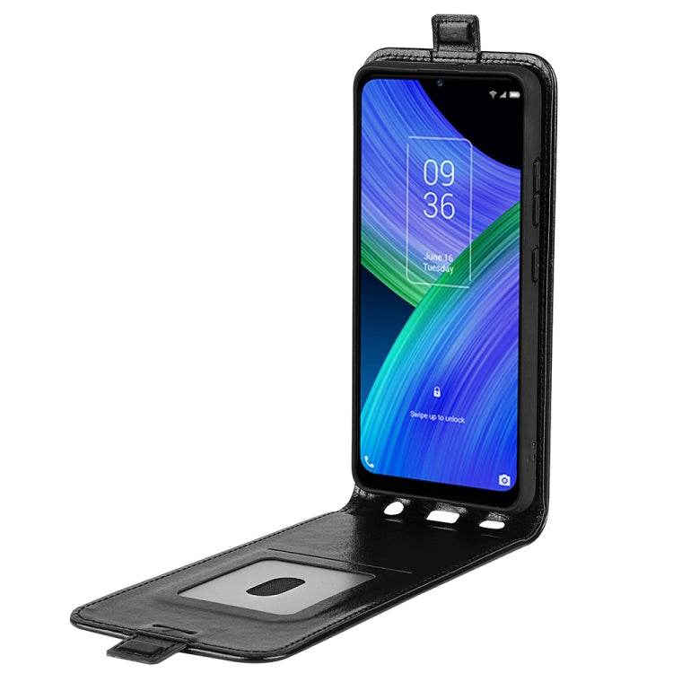 Black leather flip phone case with photo window and card holder flap