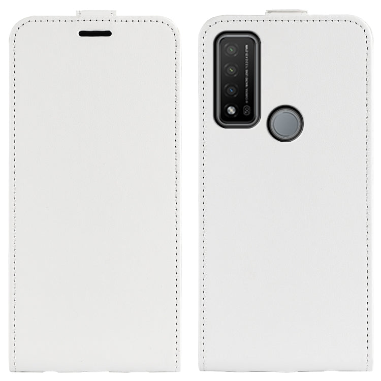 White leather vertical flip phone case with camera cutout and circular grip