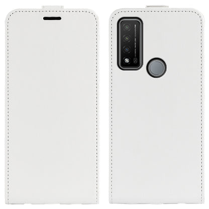 White leather vertical flip phone case with camera cutout and circular grip