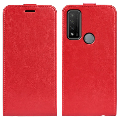 Red leather vertical flip phone case with camera cutout and circular grip