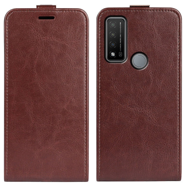 Brown leather vertical flip phone case with camera cutout and circular grip