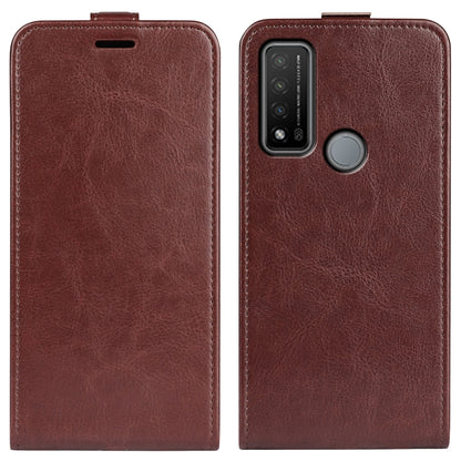 Brown leather vertical flip phone case with camera cutout and circular grip