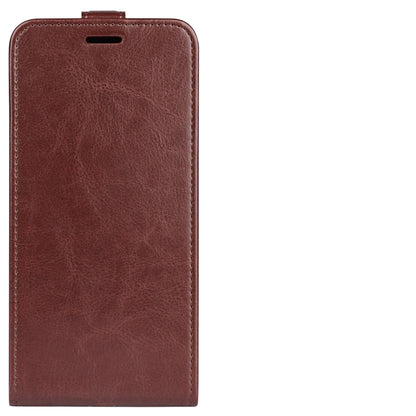 Brown textured leather flip phone case with card-slot flap and top speaker cutout