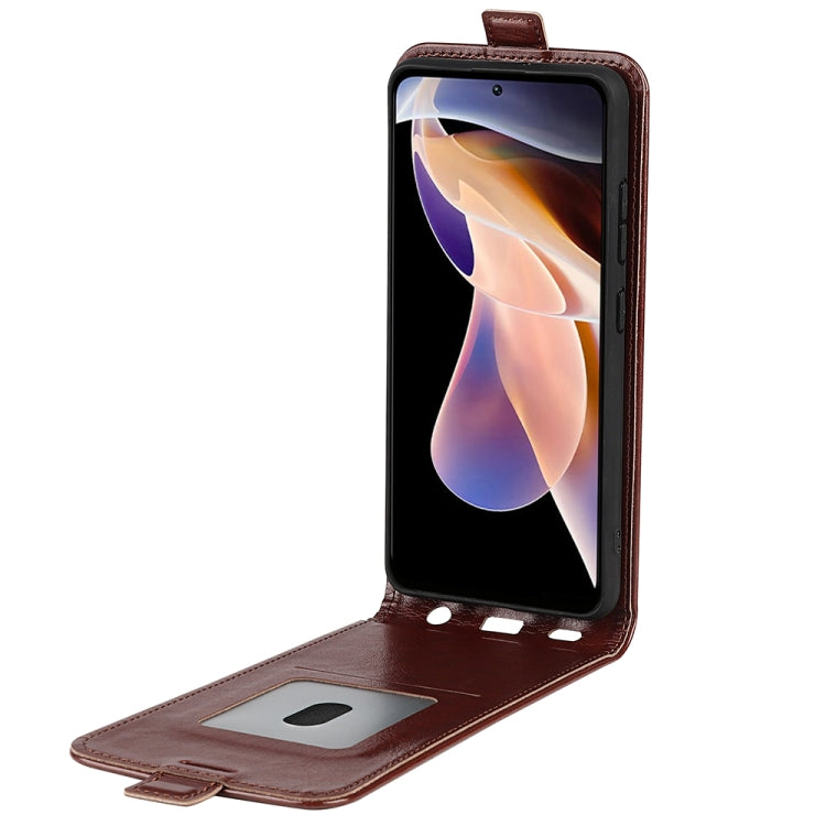 Brown leather flip phone case with foldover card slot and photo window