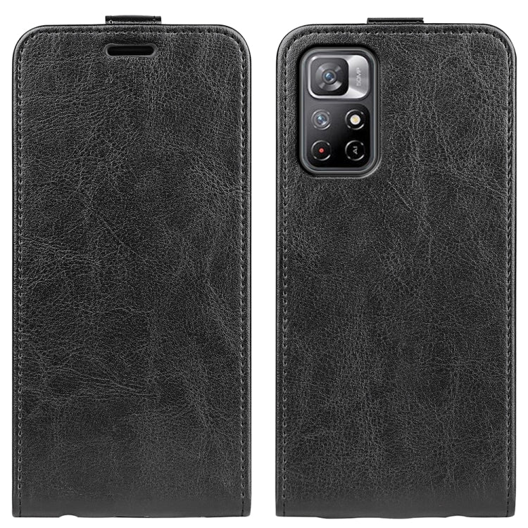 Black textured leather flip phone case with camera cutout, front and back view