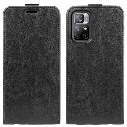 Black textured leather flip phone case with camera cutout, front and back view