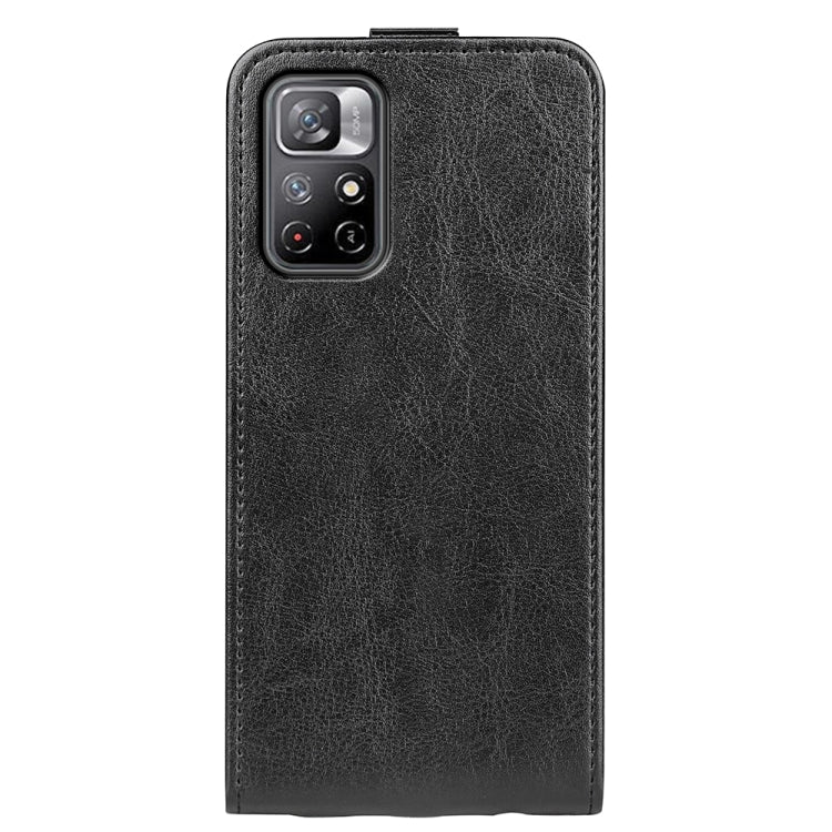 Black textured leather flip phone case with camera cutout, back view