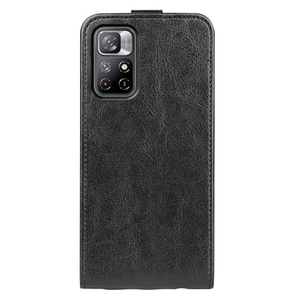 Black textured leather flip phone case with camera cutout, back view