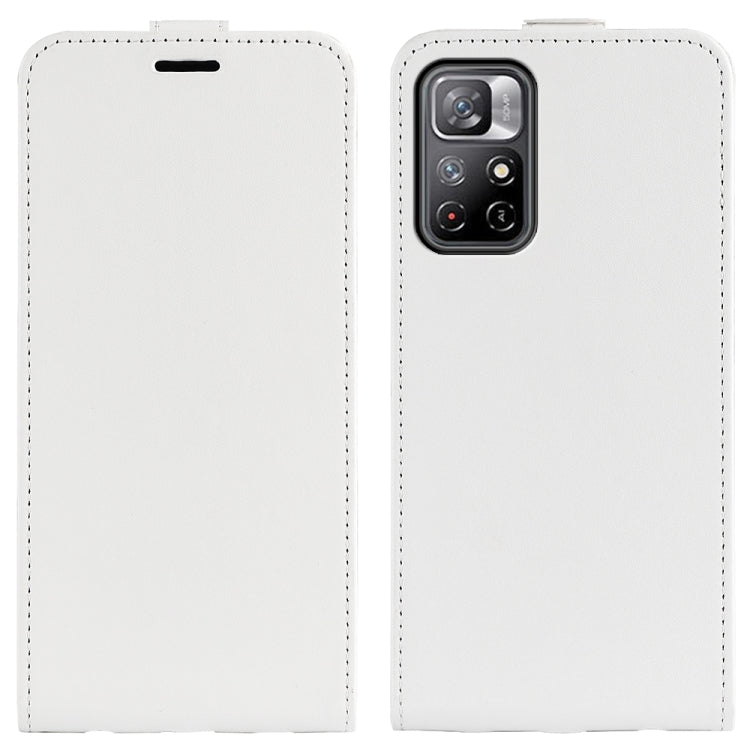 White textured leather flip phone case with camera cutout, front and back view
