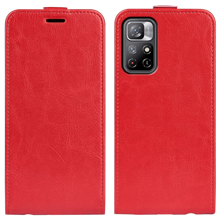 Red textured leather flip phone case with camera cutout, front and back view