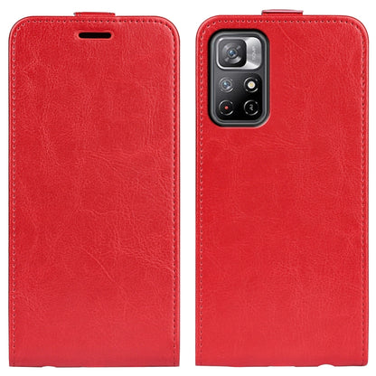 Red textured leather flip phone case with camera cutout, front and back view