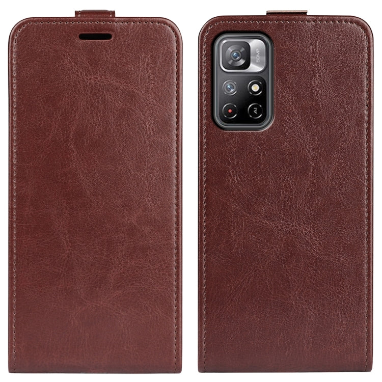 Brown textured leather flip phone case with camera cutout, front and back view