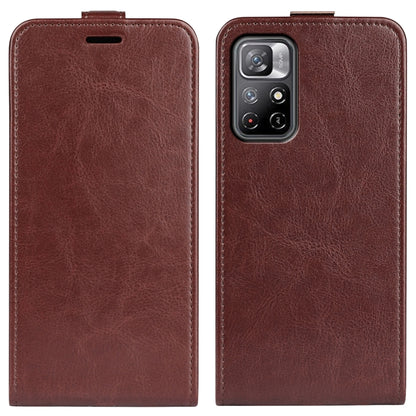 Brown textured leather flip phone case with camera cutout, front and back view