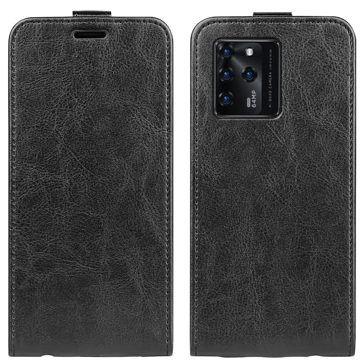 Black leather flip phone case with vertical card slots and camera cutout.
