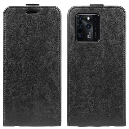 Black leather flip phone case with vertical card slots and camera cutout.